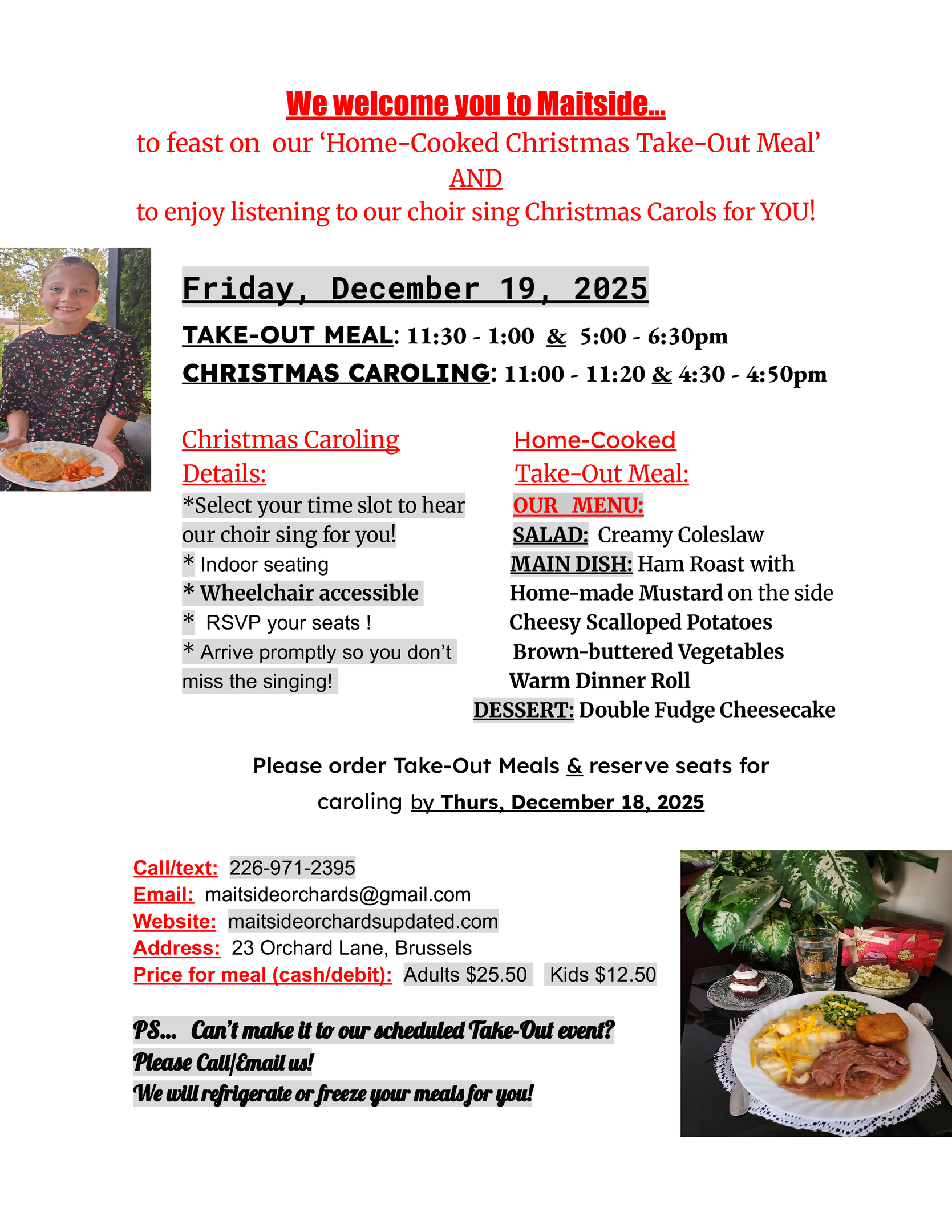 Christmas take-out meal, Christmas Caroling, indoor seating, Christmas dinner 